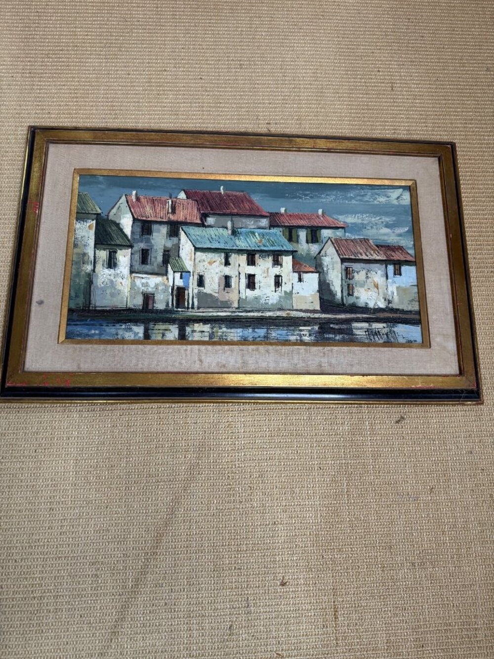 Vintage Framed Oil Painting Rustic European Village Seascape MCM Gold-Tone Frame